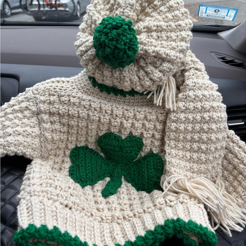 Handmade Cream and Green Knit Setwith shamrock for good luck